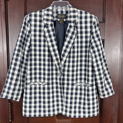 Blazer para mujer Requirements mezcla de lino 14 azul blanco a cuadros forrado a cuadros Foto 1 de 4