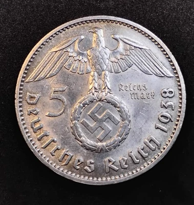 1938-J  GERMANY 5 MARK COIN Third Reich SILVER German Historical - Image 1 of 2