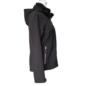 Free Country Softshell Black Gray Jacket Womens Sz Small Removable Hood Stretc - Picture 1 of 11