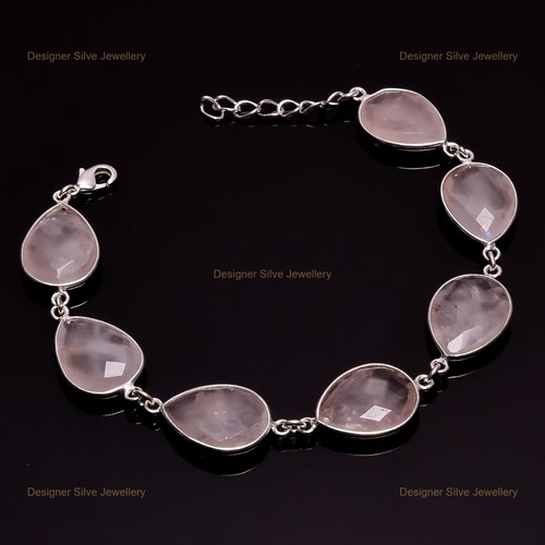 VALENTINO Bracciale Argento 925 Rettangolo Quarzo Rosa Naturale Perline Anniversario Nuovo Gioielli