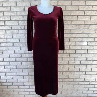 Vintage Vyvid Long Burgundy Opaque Stretch Velvet Sexy Shift Dress Size Medium - Image 1 of 4