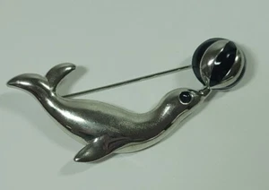 Vintage Seal with Ball Silvertone and Black Enamel Brooch Pin Estate Statement - Picture 1 of 6