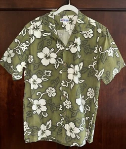 🌺 ALOHA LINE 🌺 Vintage 80s Hawaiian Shirt Green Floral 100% Cotton Men’s Small - Picture 1 of 8