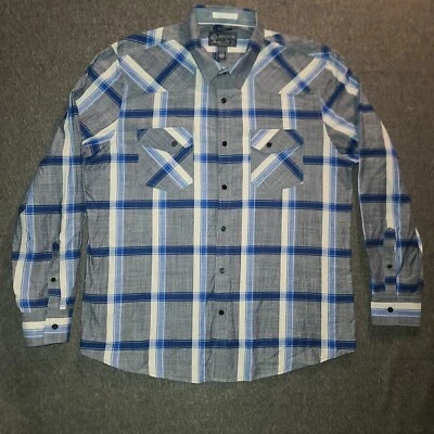 American Rag Collared Shirt Mens Size XL Gray Blue Plaid Long-Sleeve - Image 1 of 4