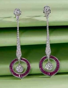Vintage Art Deco 2Ct Lab Created Red Ruby Dangle Earrings 14K White Gold Plated - Picture 1 of 8