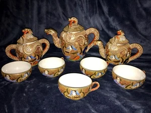 Retro Vtg 11-pc Japanese Porcelain Ceramic Satsuma Moriage Dragon Ware Tea Set - Picture 1 of 12