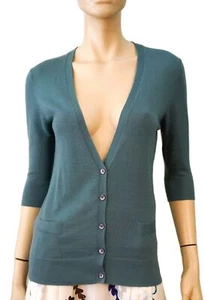MONIQUE LHUILLIER sz M Half Sleeve Sea Blue Cashmere Button Cardigan - Picture 1 of 4