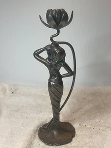 ANTIQUE ART NOUVEAU CANDLE HOLDER  CANDLESTICK LADY WOMAN B&W - Picture 1 of 12