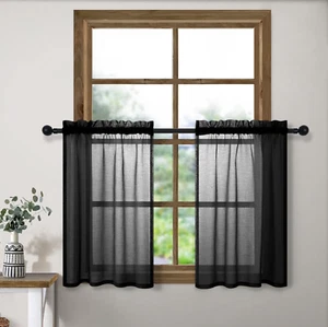 24 Inch Curtains for Small Windows Set Rod Pocket Semi Sheer Linen 30x24 Black - Picture 1 of 11
