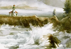 Cape Arago Lighthouse, Coos Bay, Oregon. Crashing Waves. James Mann Notecards - Picture 1 of 2