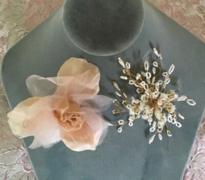 Lot of 2 Vintage Flower Corsages Hair Ornaments Brooches 1 Glass Beads 1 Textile - Image 1 of 4