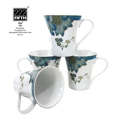 222 Fifth ELIZA - TEAL 10oz Mug Set 4Pc Aqua Blue Floral Paisley Porcelain Mint - Image 1 of 4