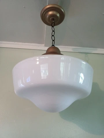 Antique School House Hanging 14” Pendant Light Milk Glass Indust Art Deco 1920s Cover
