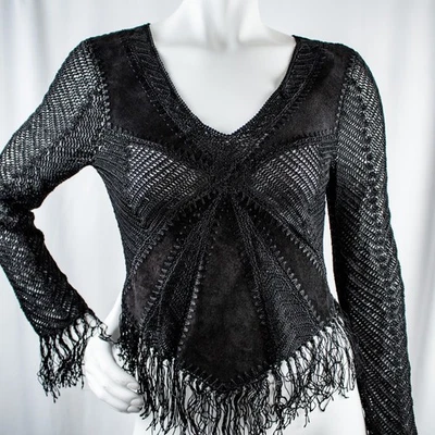 SISTERS Black Solid Women Fringe Geneuine Suede Leather Top Size M - Image 1 of 4