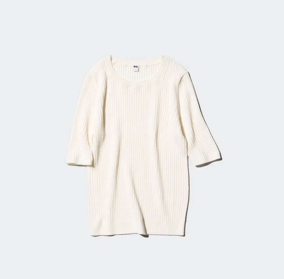 New Uniqlo Women Merino 100% Wool Ribbed Sweater | Half Sleeve Off White M - Image 1 of 1
