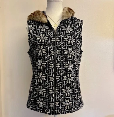 Colete com capuz Talbots Fair Isle M/P azul branco flocos de neve esqui capuz de pele sintética - Imagem 1 de 4