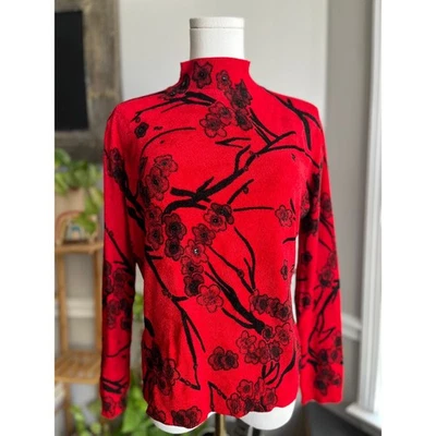 Suéter tejido vintage años 90 rojo y negro floral lentejuelas cuello falso talla mediana Foto 1 de 4