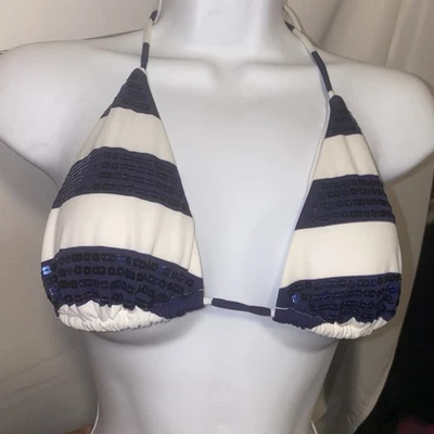 VICTORIA'S SECRET Bikini Triangle Sequin Top Large White Navy Stripe - Image 1 of 4