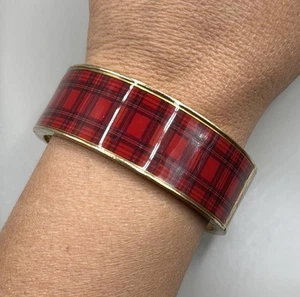Vintage Gold Tone Red Tartan Plaid Large Cuff Bangle Statement Bracelet - Picture 1 of 3