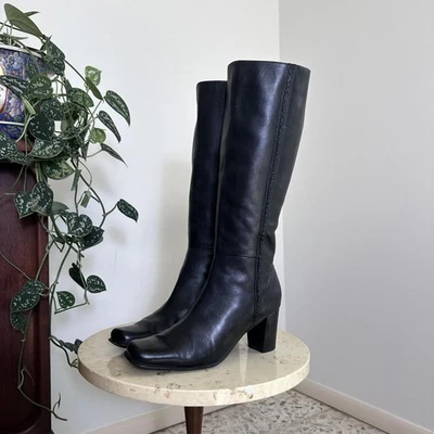 Vintage 90s early 2000s black long tall knee high square toe leather boots 8 - Image 1 of 4