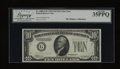 DBR 1934 $10 DGS FRN Chicago STAR Fr. 2005-Gdgs* Legacy 35 PPQ Serial G00848151* - Image 1 of 2
