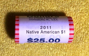 2011 Native American Sacagwea Unopened 25 Coin Mint Roll Golden Dollars - Picture 1 of 3