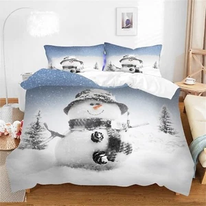Lovely Snowman Christmas Comforter Cover Set Silver White Snow Scenery Queen ... - Picture 1 of 5