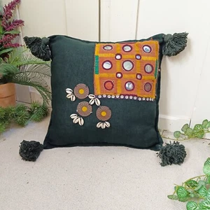 Indra Green Linen Cushion Cover With Antique Embroidered Mirror Work Patch 3 - Picture 1 of 10