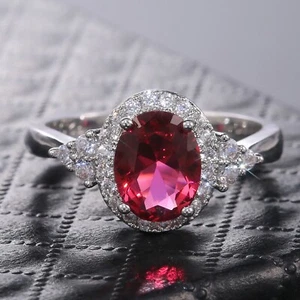 925 Sterling Silver Women's Wedding Engagement Ring With Created Oval Red Ruby - Picture 1 of 5
