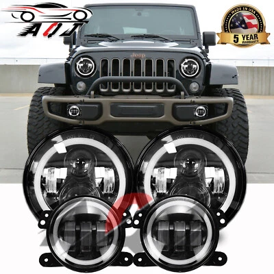 7" Round LED Headlights + 4" Fog Lights Combo Kit For Jeep Wrangler JK 2008-2015 - Image 1 of 4