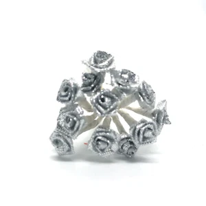 Silver Ribbon Roses Fabric Flower Artificial Embellishment 8mm on wire stems - Picture 1 of 1
