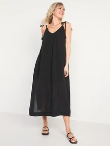 Old Navy women size S Tie-Shoulder Tasseled Solid All-Day Maxi Swing Dress black - Picture 1 of 11