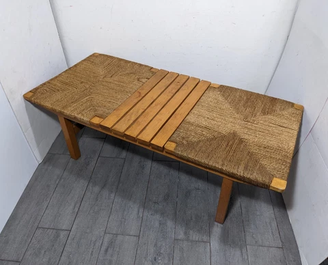 Vintage AFM Mid Century Modern Japanese Woven Rope Rush Seat Slat Wood Bench Cover