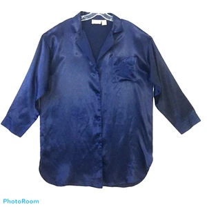 VICTORIA'S SECRET Intimates Women M/L Sleep Shirt Silky Navy Blue Button Up - Picture 1 of 9
