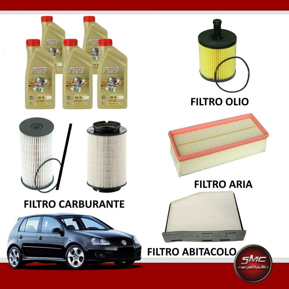 MISTI KIT TAGLIANDO VW GOLF V (1K1) 1.9 TDI 77KW 105CV DAL 2003 AL 2009 + CASTROL 5W30