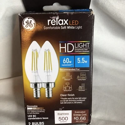 GE Lighting 5.5W 500 60w Lumens Soft White Relax CAC E12 LED Dimmable New - Image 1 of 4