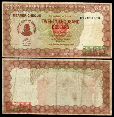 Zimbabwe 20000 DÓLARES P-23E 2003 Viajeros CHECK Moneda Mundial Zimbabwe NOTA Foto 1 de 4