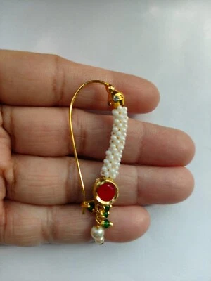Marathi Nath Pearls Beads Nose Ring Stud Indian Piercing Wedding Nostril Pin - Image 1 of 4