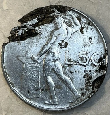 Mint Error Defective Planchet Italy 50 Lire Coin KM# 95 - Image 1 of 4