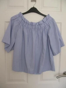 LADIES H & M BLUE STRIPED COTTON OFF THE SHOULDER TOP : SIZE 12 - Picture 1 of 3