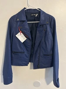 Hot Topic Biker Jacket Womens Medium Faux Leather Bue Motto 1990’s - Picture 1 of 8