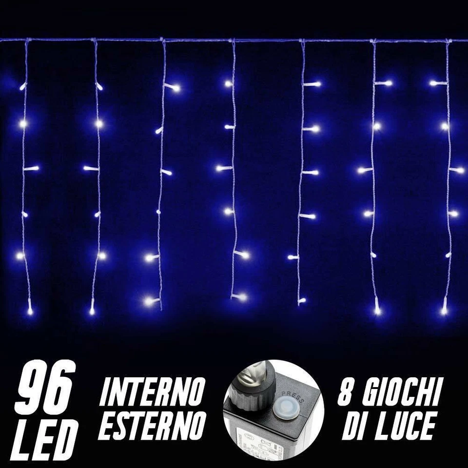 Tenda Luminosa Natalizia 96 LED Luce Blu 3 METRI Interno Esterno Luci Cavo 5mt - Immagine 1 di 4