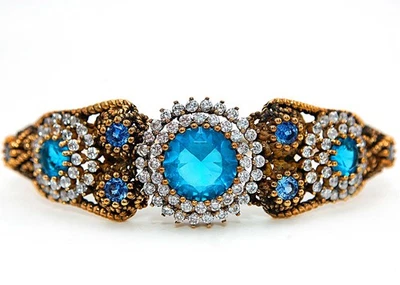 Brazalete de plata de ley 925 estilo Imperio Otomano 14 quilates topacio azul y topacio TP1 Foto 1 de 3