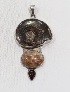 Charles Albert feiner Sterling Ammonit versteinerte Koralle Granat groß 925 Anhänger - Bild 1 von 8