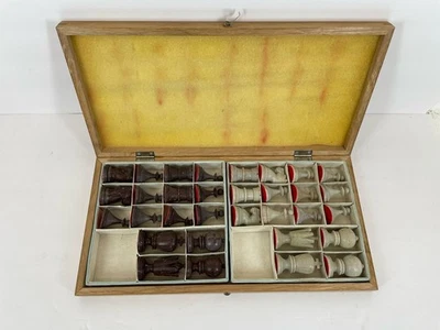 Vintage Antique Soap Stone Carved Chess Set Staunton Folding Wood board - Image 1 of 4