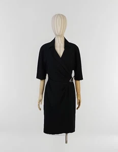 Thierry Mugler Vintage Black Long Sleeve Wrap Buckle Designer Dress Sz 42 - Picture 1 of 16