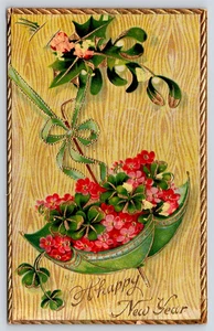 Happy New Year Floral Design Embossed Vintage Postcard - Picture 1 of 3