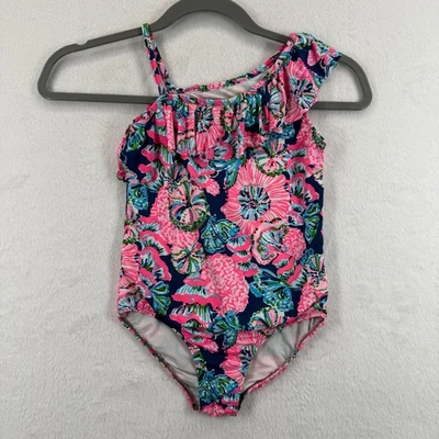 Traje de baño Lilly Pulitzer niñas con volantes de un hombro talla 6 floral rosa azul Foto 1 de 4