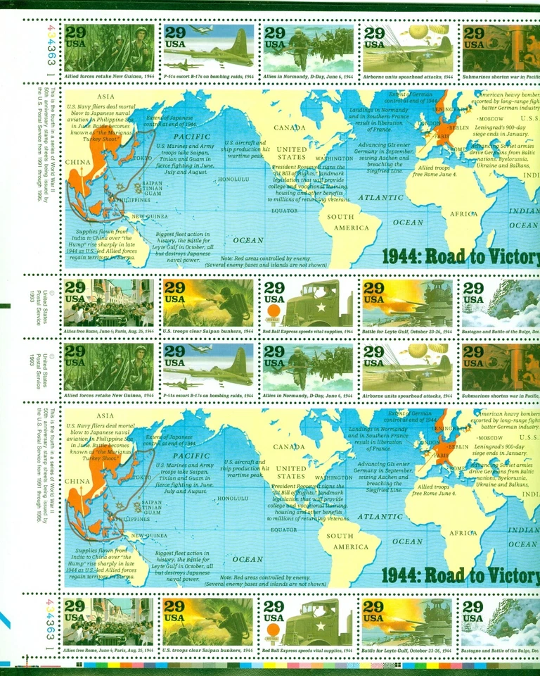 US 2838 1944:  Road to Victory, Complete sheet/20, full margins,  Mint OG NH - Image 1 of 1