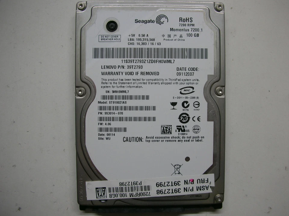 Seagate Momentus 7200.1 100gb ST910021AS 100380385 4.06 Hard Disk HDD 2.5 SATA - Image 1 of 1